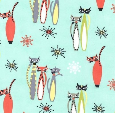 Feline Drive Fabric ATOMIC TABBY Seafoam Retro Cats - Fat Quarter (18''x22'') FQ