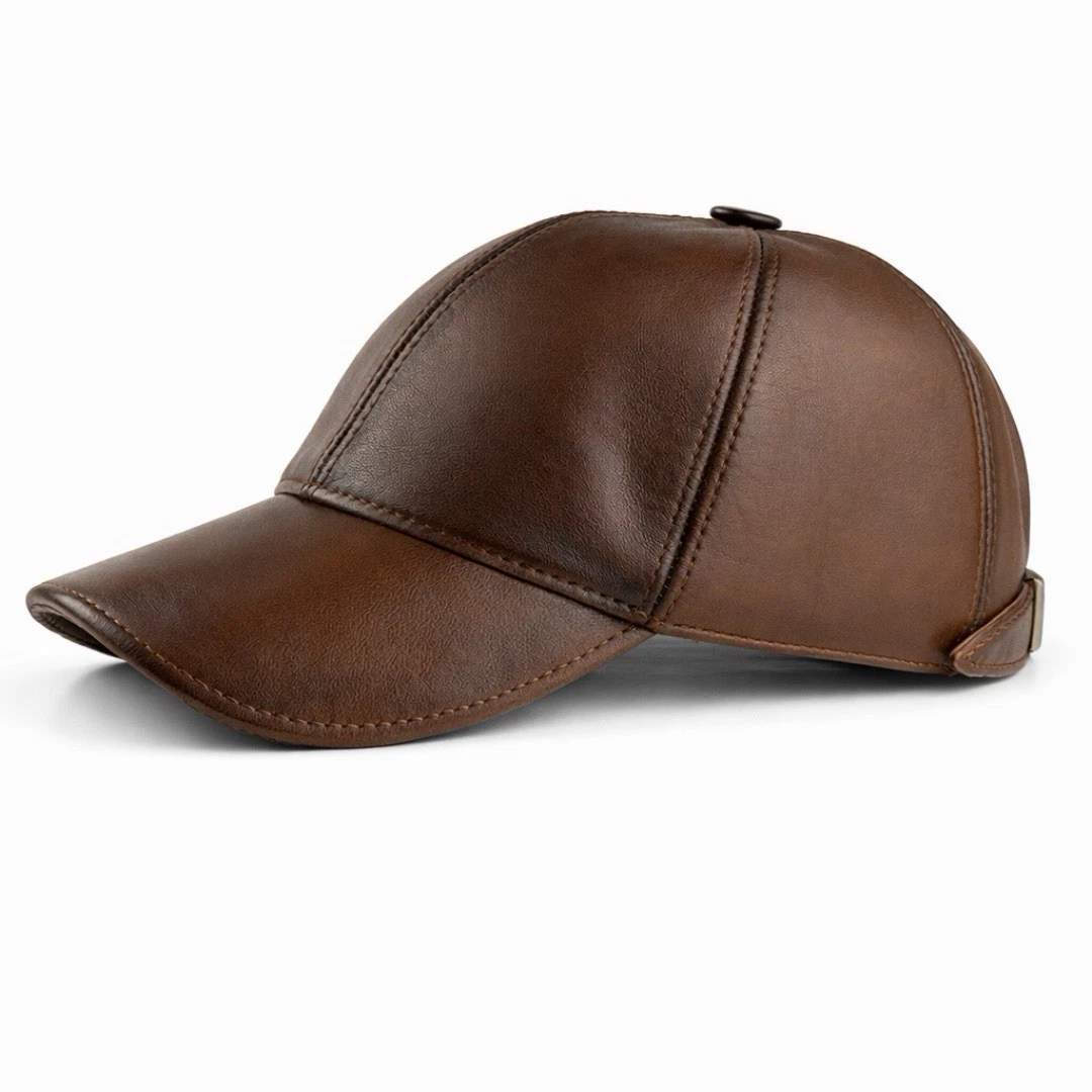 Handmade Real Leather Baseball Cap for Men – Sheepskin Lining. Ear Flap