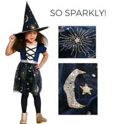 Girls Witch Halloween Costume Midnight Good Witch Dress Hat Kid SM 4 6 Sparkly 