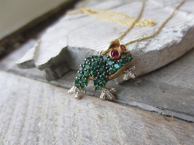 2Ct Emerald Ruby & Diamond FROG Pendant Necklace 14K Yellow Gold Plated 18''Chain