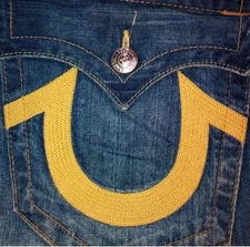 Mens True Religion Boot Cut Jeans With Yellow Embroidery 