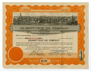 TX. Gilbert-True Oil Co., 1919. 25 Shrs Capital Stock I/U Cert., S/N 5827. VF