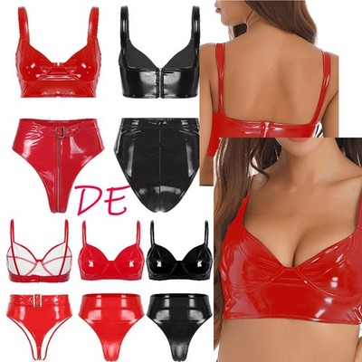 Damen Glänzend Bikini Push Up BH High Waist Slip Lack Leder Optik Party Clubwear