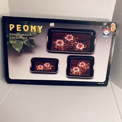 NIB Vintage 3pc Lacquered Tray Set  Peony  by Shaddy of Japan