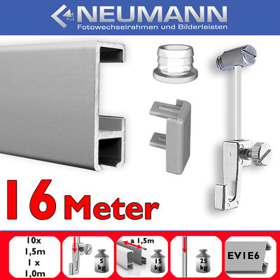 Gallery rail with glider 16 m, picture rail set, silver matte