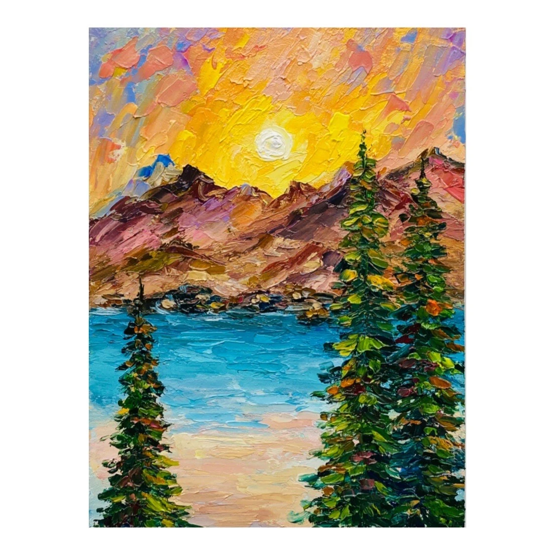 Pine Tree Painting Sunset Original Art Lake Tahoe Painting Mountain Lake Artwork
