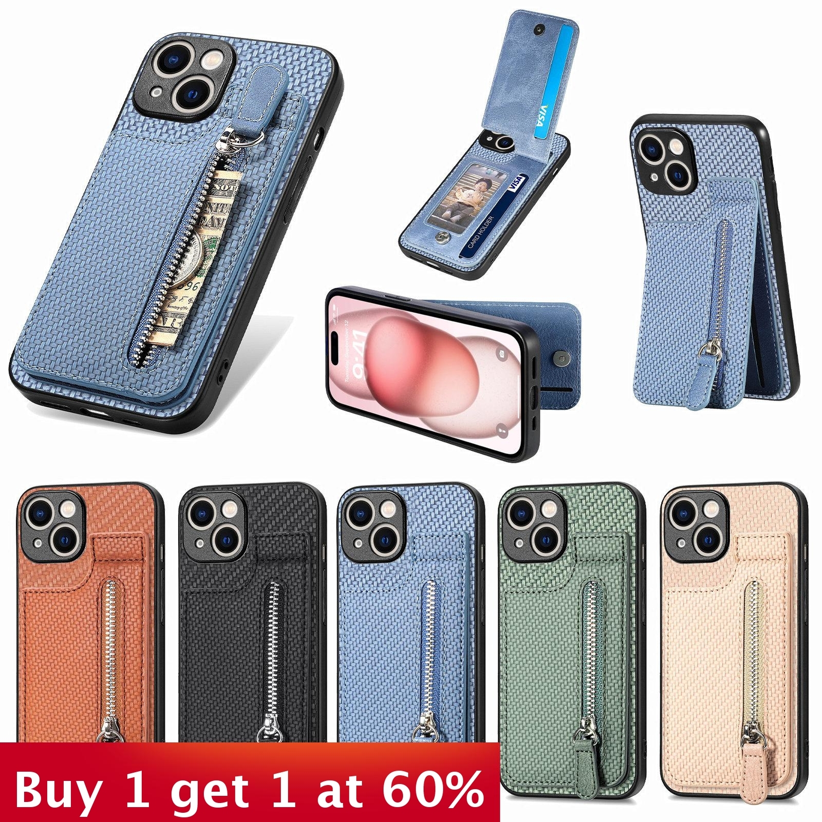 Slim Zipper Wallet Phone Case for iPhone 16 15 14 13 12 11 XR XS Pro Max-image