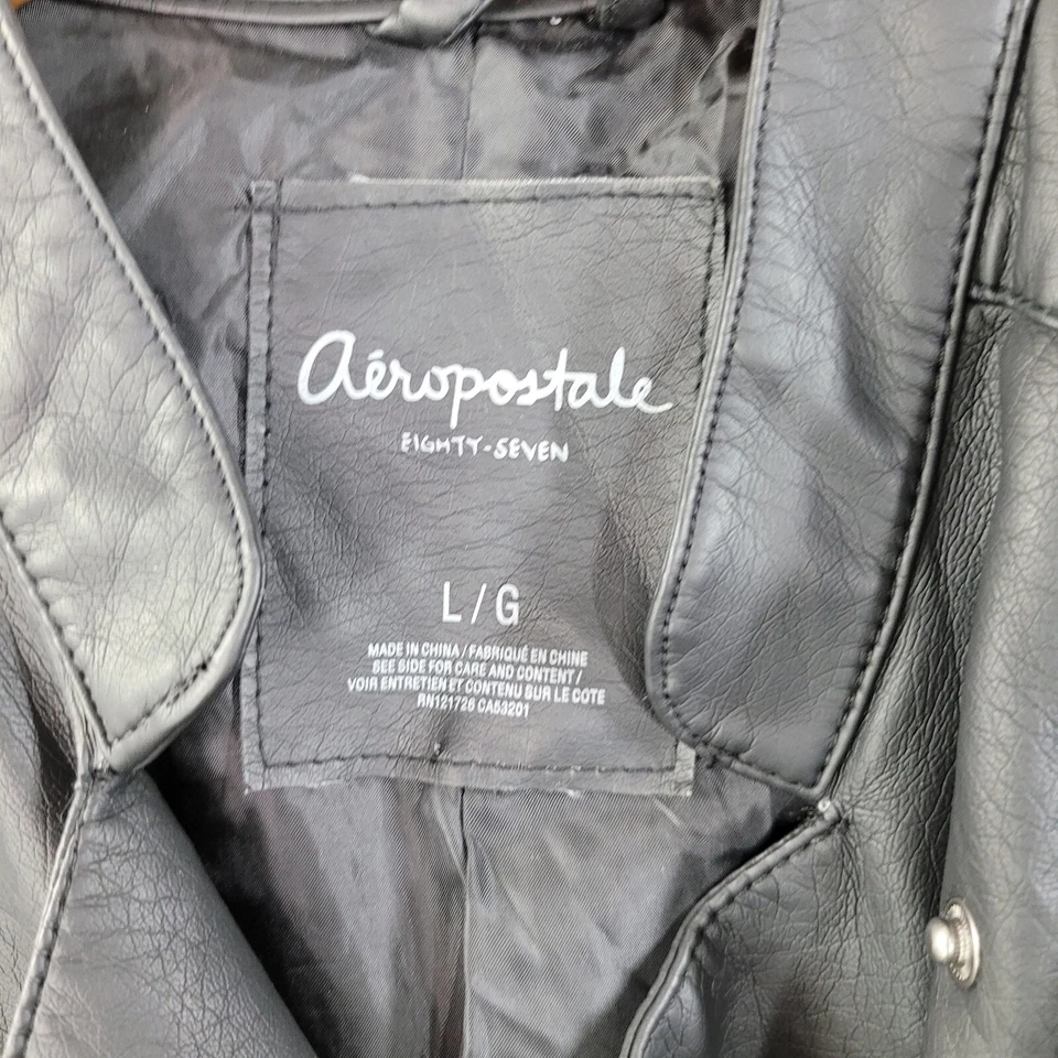 Aeropostal Moto Jacket Size Large Zip Up Faux Black Leather Grey sleeve coat - Image 4 of 4