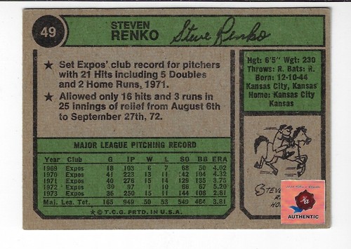 STEVE RENKO 1974 TOPPS AUTOGRAPHED BASEBALL CARD 49 MONTREAL EXPOS EBay