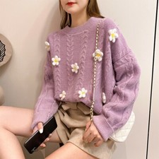Lady Sweater Knitted Jumper Pullover Top Floral Casual Long Sleeve Winter Warm