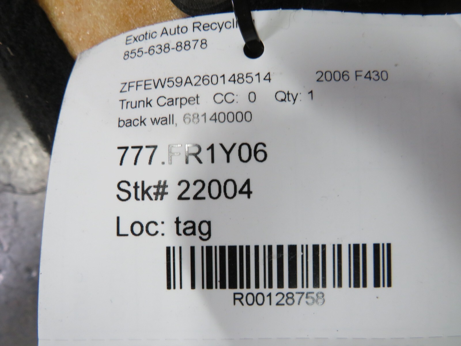 Ferrari F430, Back Wall Trunk Carpet w/ Belts, Used, P/N 68140000