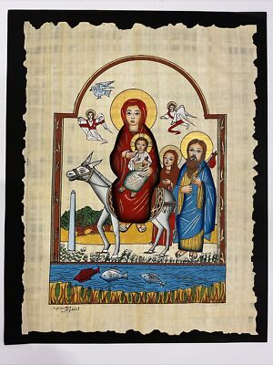 Vintage Egyptian Papyrus Hand Painted Holy Family Journey 14x18 