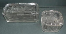 2 Vintage Federal Ribbed Glass Refrigerator Dishes with Embossed Veggie Motif
