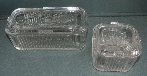 2 Vintage Federal Ribbed Glass Refrigerator Dishes with Embossed Veggie Motif