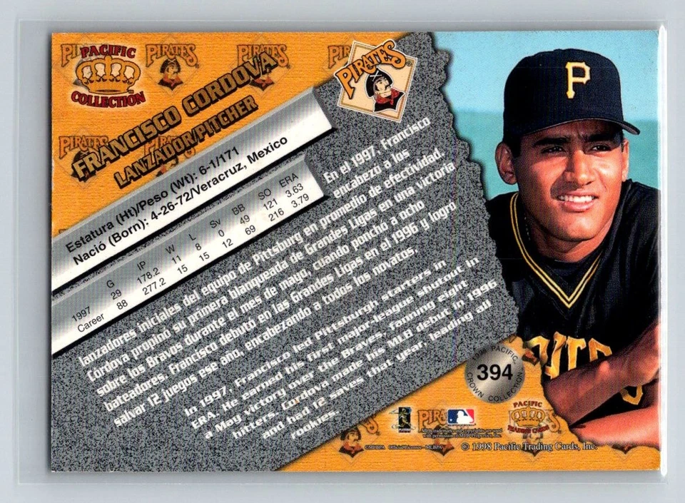 1998 Pacific #394 Francisco Cordova Pittsburgh Pirates Baseball Card - Image 2 of 2