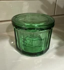 DEPRESSION STYLE GREEN GLASS SALT CELLAR w/LID, RETRO KITCHEN DECOR 3”H x 4”D