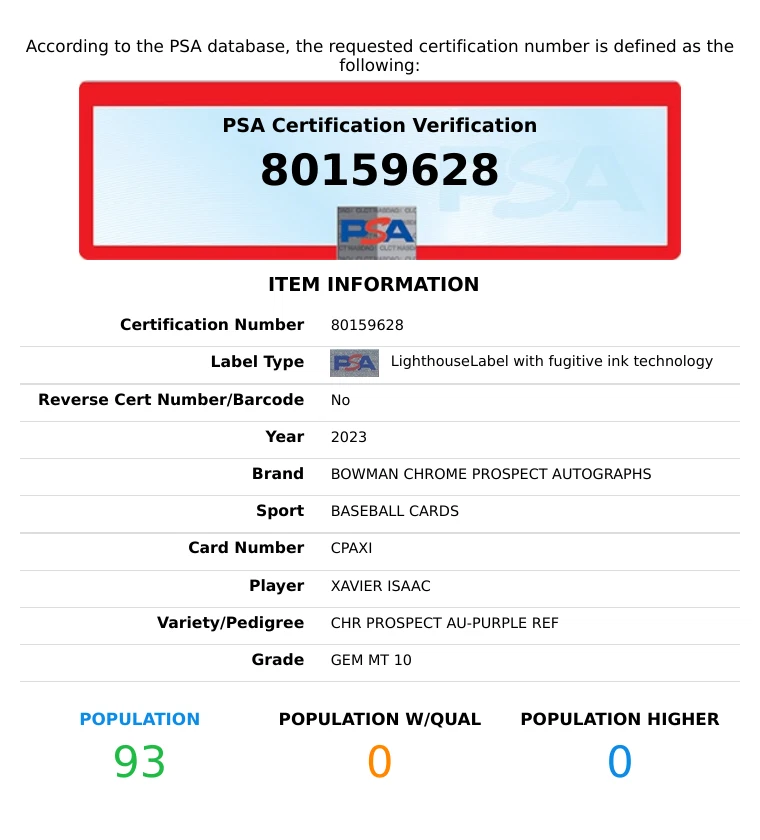 2023 BOWMAN CHROME PROSPECT AUTO XAVIER ISAAC #CPAXI PURPLE OF 250 1ST RC PSA 10 - Image 3 of 3