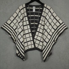 CAbi Tower Wrap Sweater Women XS S Gray Cream Windowpane Plaid Reversible Poncho