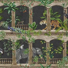 Image of Holden Animal Arches Tropical Exotic Plants Peacock Bird Black Gold wallpaper