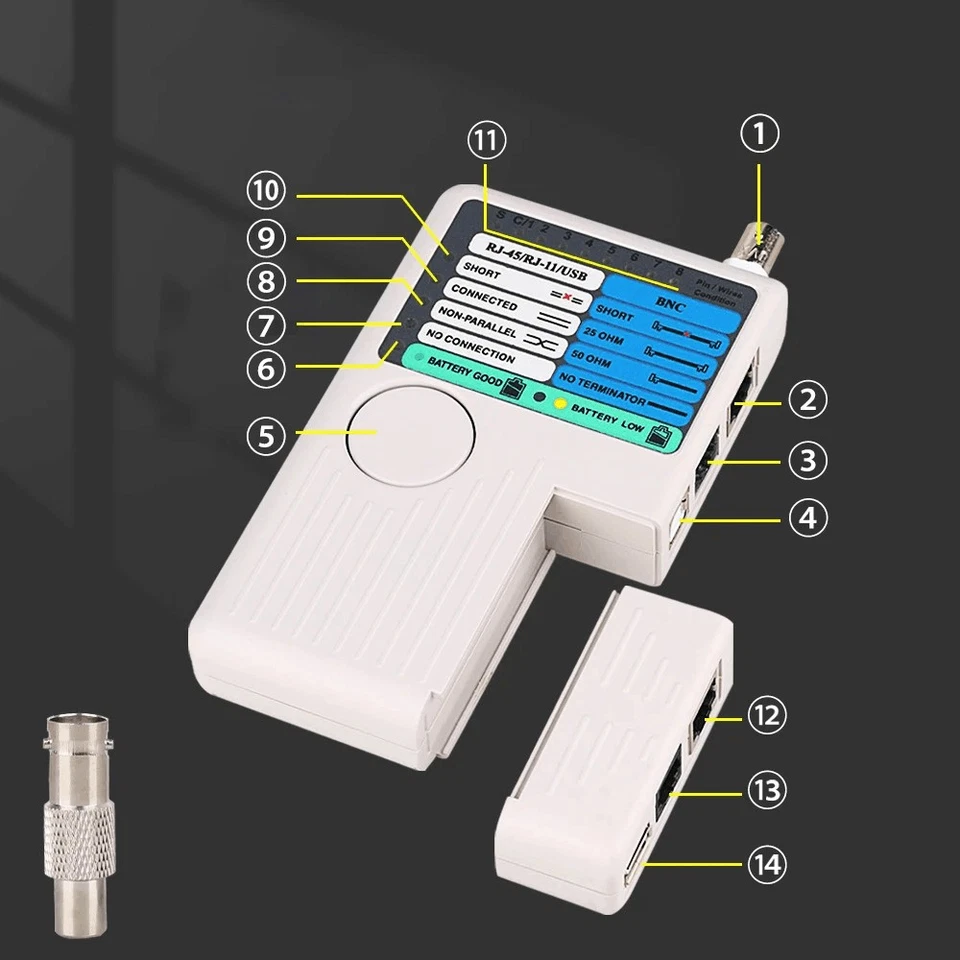 Probador de cables de red 4 en 1 Probador de cables RJ45/RJ11/USB/BNC Cable LAN Cat5 Cat6 Foto 3 de 4