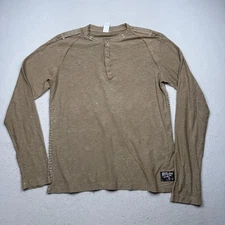 Affliction Shirt Mens Medium Tan Henley Long Sleeve Epaulet Made USA Casual