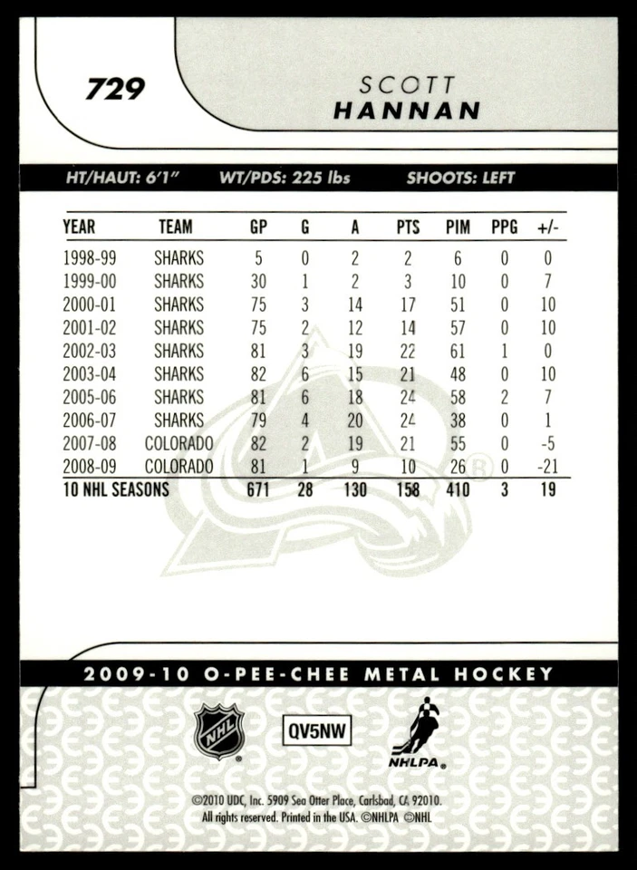 2009-10 O-Pee-Chee Rainbow Scott Hannan Colorado Avalanche #729 - Image 2 of 2