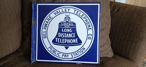 Vtg Rare DELAWARE VALLEY TELEPHONE COMPANY  Porcelain Sign Flanged BELL SYSTEM