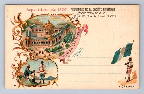 PARIS EXPOSITION NICARAGUA PAVILION PATRIOTIC MILITARY PERFUME POSTCARD (1900)