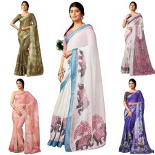 Women's Cotton Linen Printed Readymade Saree with Blouse Piece