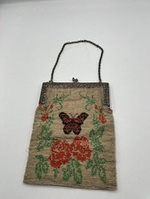Antique Hand Beaded Jeweled Butterfly Floral Handbag Purse Bag Art Deco