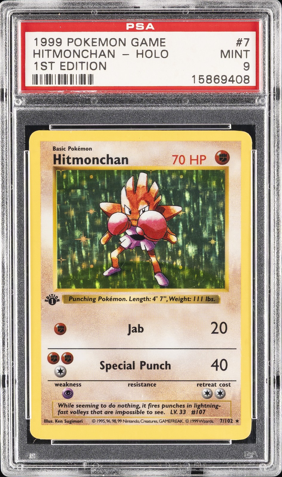 1999 POKEMON BASE SET 1ST EDITION #7 HITMONCHAN-HOLO PSA 9