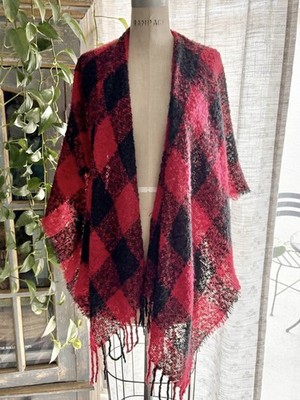 Buffalo Plaid Shawl Scarf Cozy Wrap Red Black Fringed O/S Warm Soft Oversized