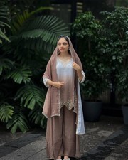 Pakistani Style Brown Faux Georgette Top Palazzo And Stylish Dupatta For Party