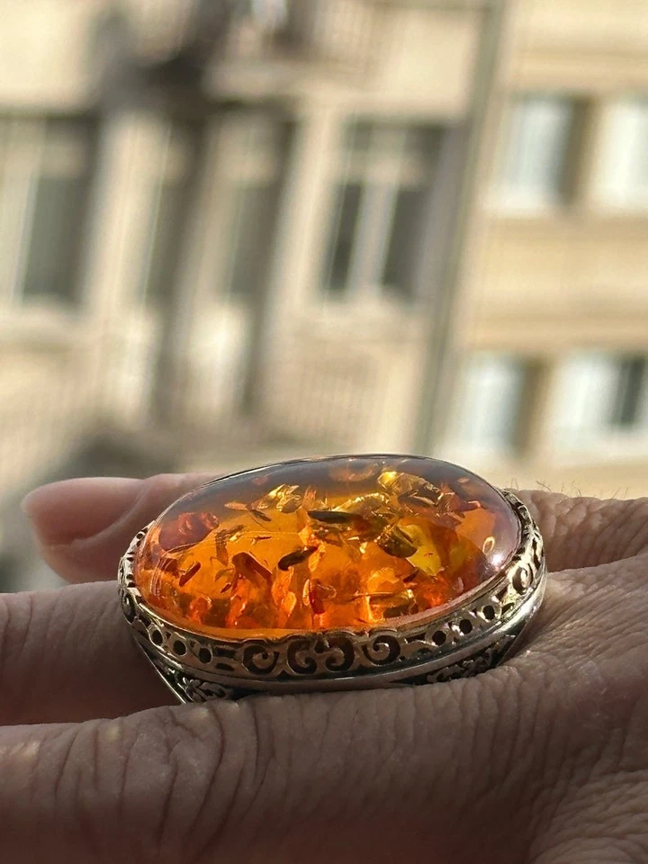 925 Silver Baltic Amber Men Orange Natural Amber Stone Ring - Image 4 of 4
