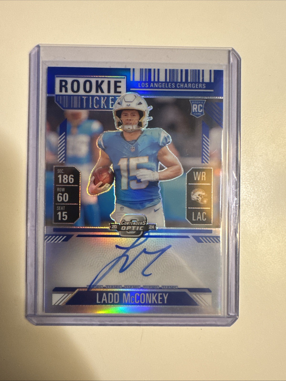 2024 Panini Contenders Optic Ladd McConkey Blue Variation Rookie Ticket Auto /50
