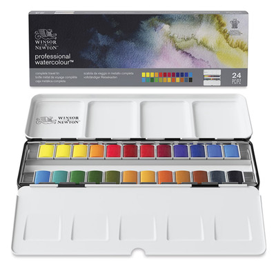 Winsor % Newton Professional Watercolor, Set of 24 Complete Travel Tin, Assorted