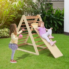 Foldable Toddler Ladder with Slide Natural Wooden Climbing Frame Indoor Playset
