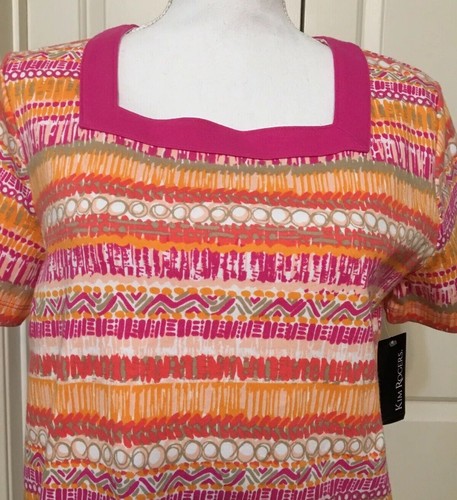 Abito Kim Rogers taglia M rosa arancione beige collo quadrato manica corta nuovo con etichette - Foto 2 di 4