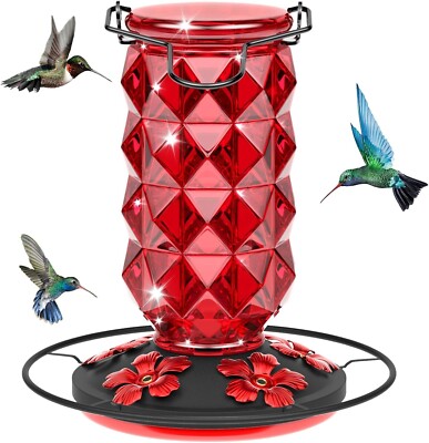 Glass Hummingbird Feeder for Outdoors Hanging 25 OZ with 4 Bee Guard Feeding Por