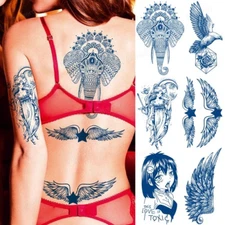 8Pcs/Lot Temporary Tattoo Herbal Semi-Permanent Long Lasting Blue Body Art Wings