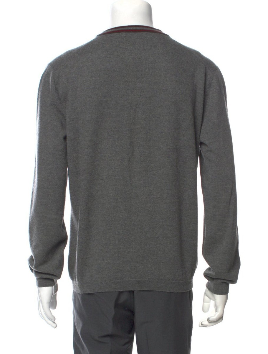 GUCCI MENS SWEATER GRAY WOOL WITH WEB STRIPE TRIM V-NECKLINE sz