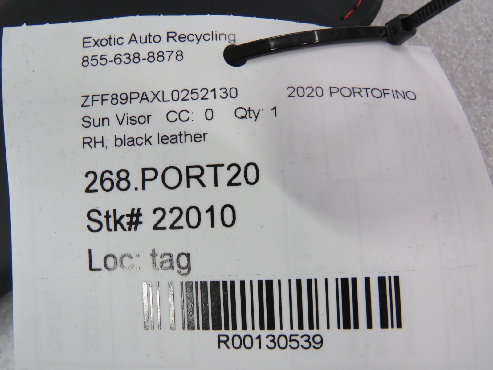 Ferrari Portofino, RH, Right, Sun Visor, Black, Used