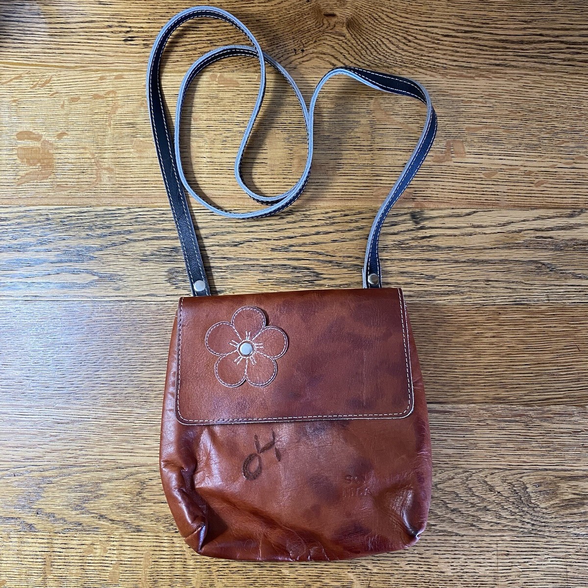 Soy Nica Small Leather Crossbody Purse Bag Brown Fold Over Flap