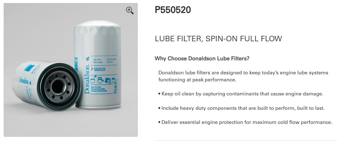 Filtre P550520 LUBE FILTER pour moteur de camion DAF et Iveco M27x2
