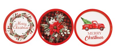 DaHo 3pc Christmas Holiday Round Tin Trays Truck Poinsettia Merry Christmas ASST