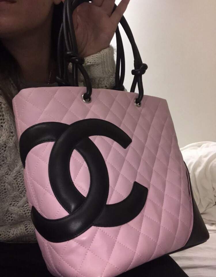 CHANEL CC CAMBON LINE PINK BLACK LEARHER HANDBAG 24cm Tote Shoulder Bag