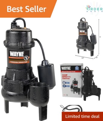Cast Iron Sewage Pump 1/2 HP with Float Switch 6200 GPH Basement Water Removal