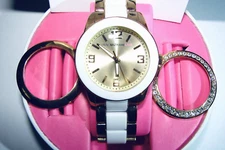 ISAAC MIZRAHI LIVE INTERCHANGEABLE BEZEL DIAMONIQUE WHITE ROUND NIB NEW WATCH