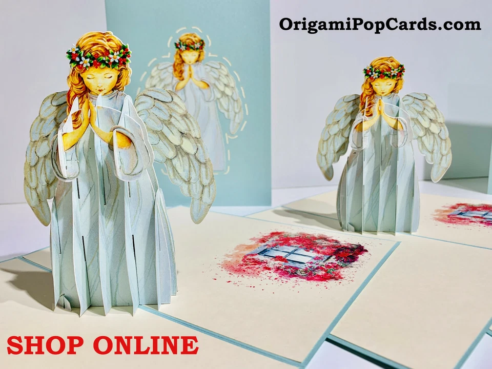 Origami Pop Cards Merry Christmas Gorgeous Praying Angel 3D Pop Up Greeting Card - Image 3 of 4