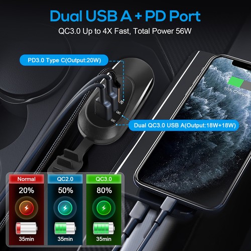 12-24V Doble USB Carga Rápida Puerto 3.0 y PD USB C Cargador Coche Enchufe Toma de corriente - Imagen 2 de 7